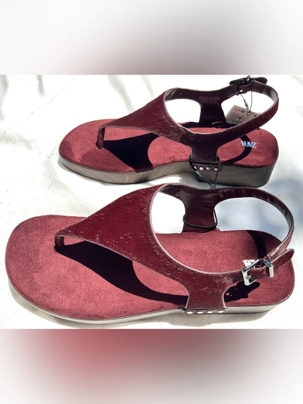 Zara Leather Strap Sandals With Rivets Burgundy Red Platform Sheep Skin Size 10 - Picture 7 of 15
